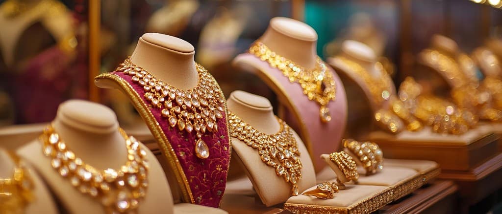 Gold and kundan necklaces on display in a jewellery showroom
